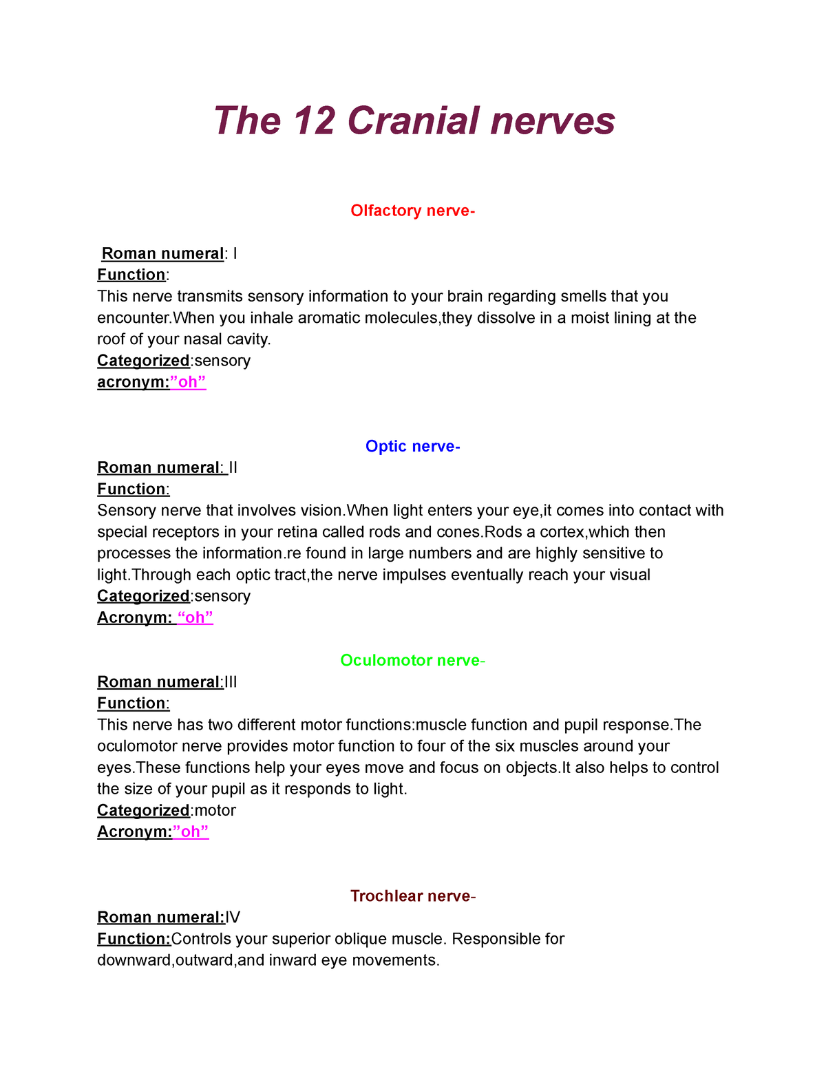 Untitled document - Cranial nerves - The 12 Cranial nerves Olfactory ...