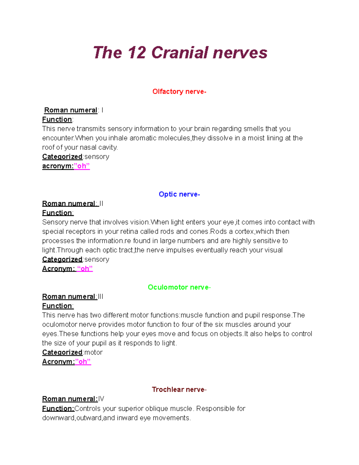 Untitled document - Cranial nerves - The 12 Cranial nerves Olfactory ...