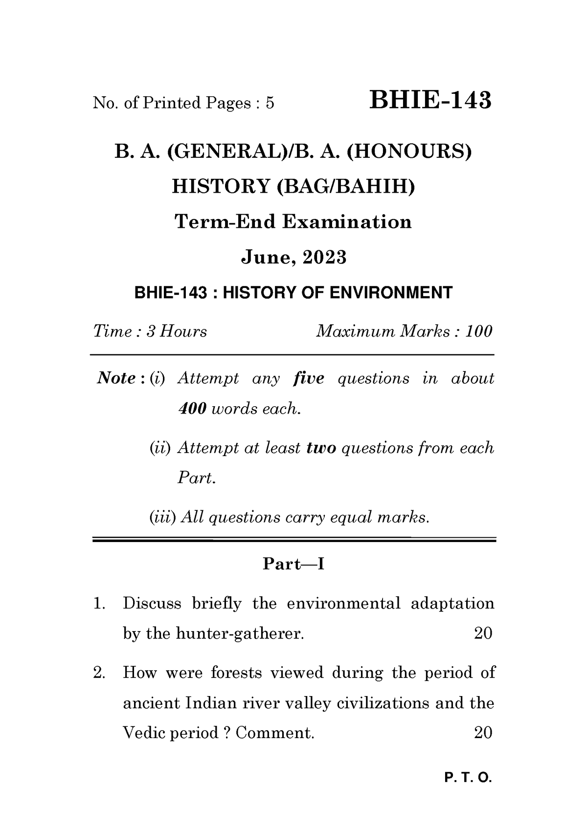 June 2023 BHIE-143 - P. T. O. No. Of Printed Pages : 5 BHIE- B. A ...