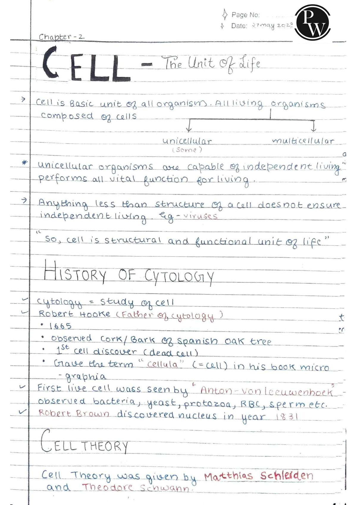 Cell The Unit of Life Handwritten Notes Yakeen 2.0 2024 (Alpha) - NEET ...