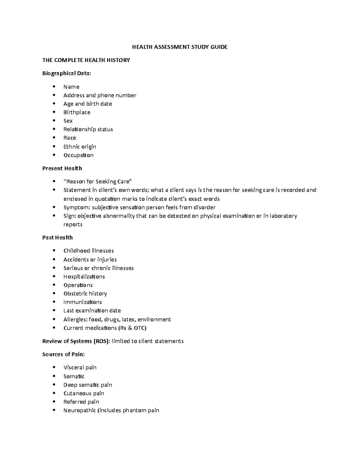 HA I Comprehensive Study Guide HEALTH ASSESSMENT STUDY GUIDE THE