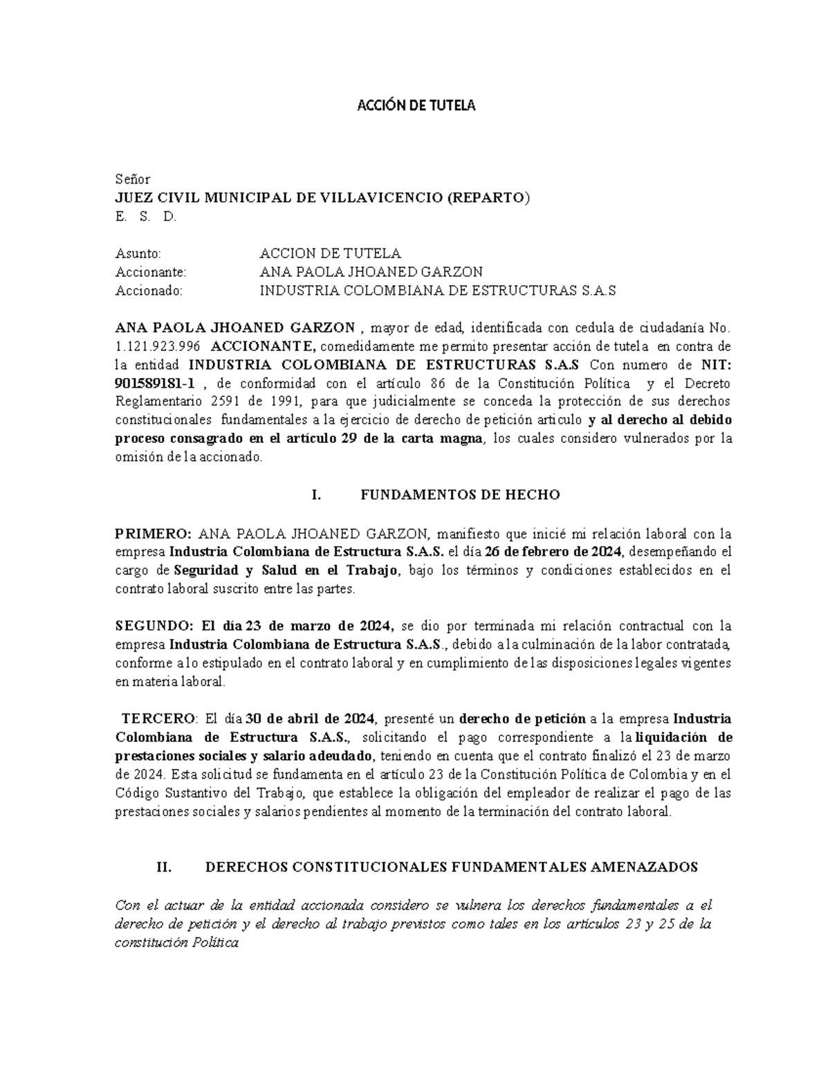 Modelo ACCIo N DE Tutela Derecho DE Peticion 2024100315480311102498 ...