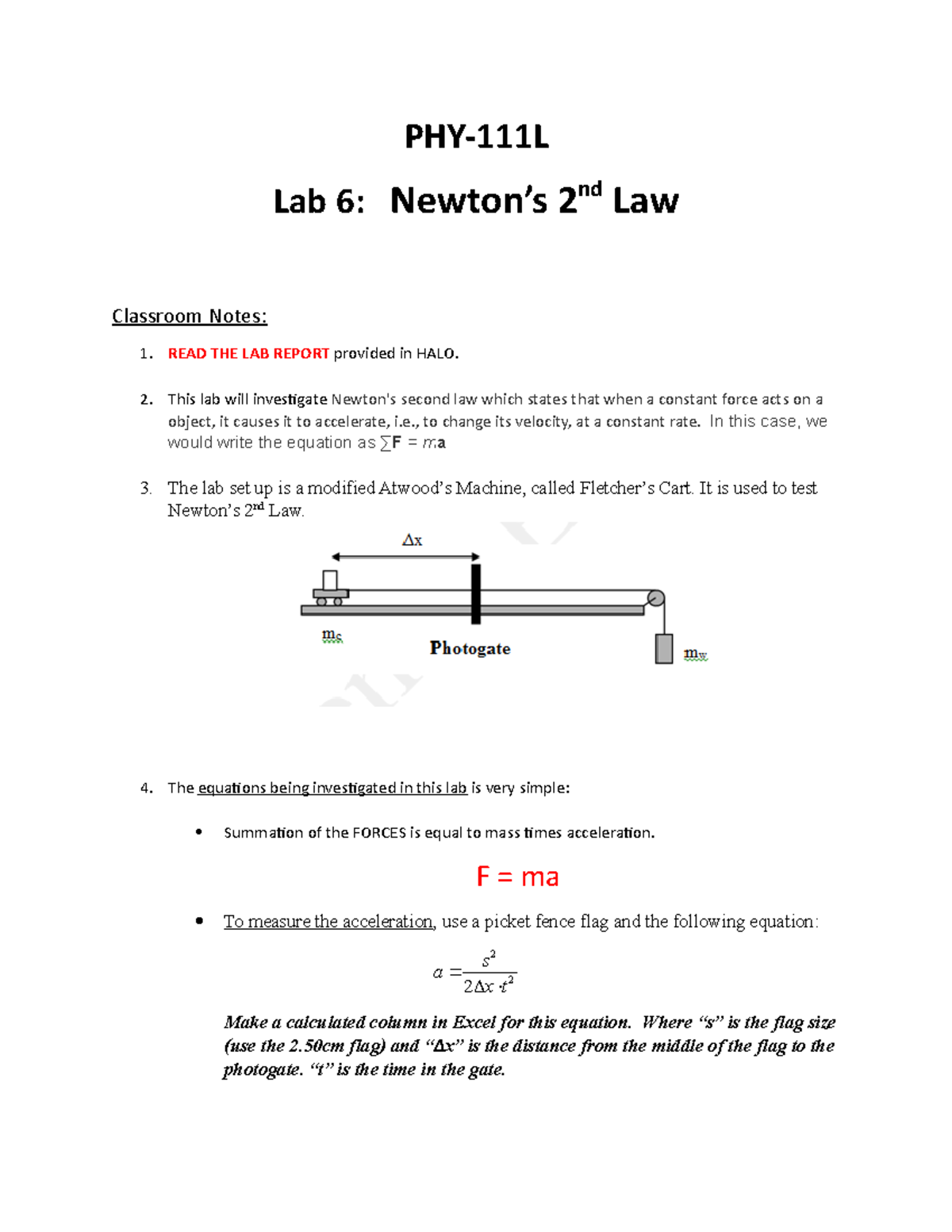 PHY-111L Class Notes - Lab 6 Newtons 2nd Law - PHY-111L Lab 6: Newton’s ...