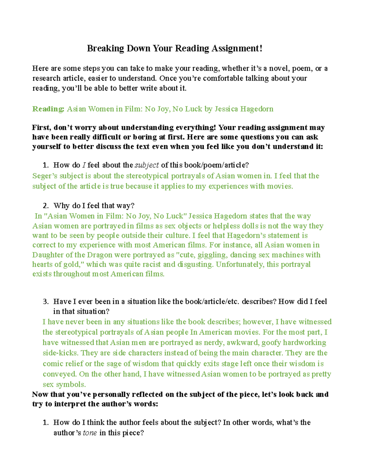 Weekly Writing 9 - Breaking Down Your Reading Assignment! Here are some ...