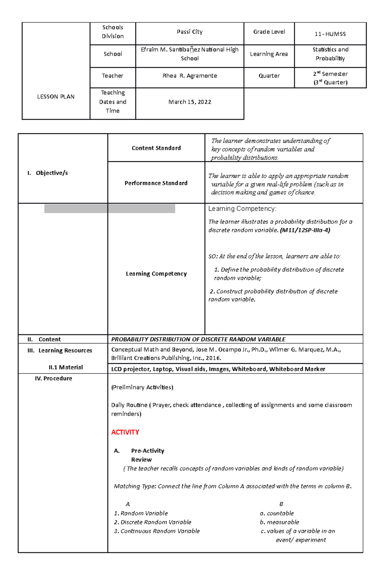 LP for CO - Detailed lesson plan used in classroom observation - LESSON ...