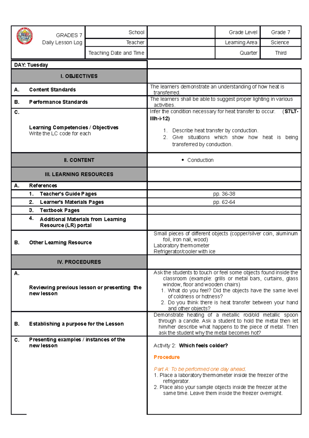 DLL Template G7 Q3 lesson 21 new - GRADES 7 School Grade Level Grade 7 ...