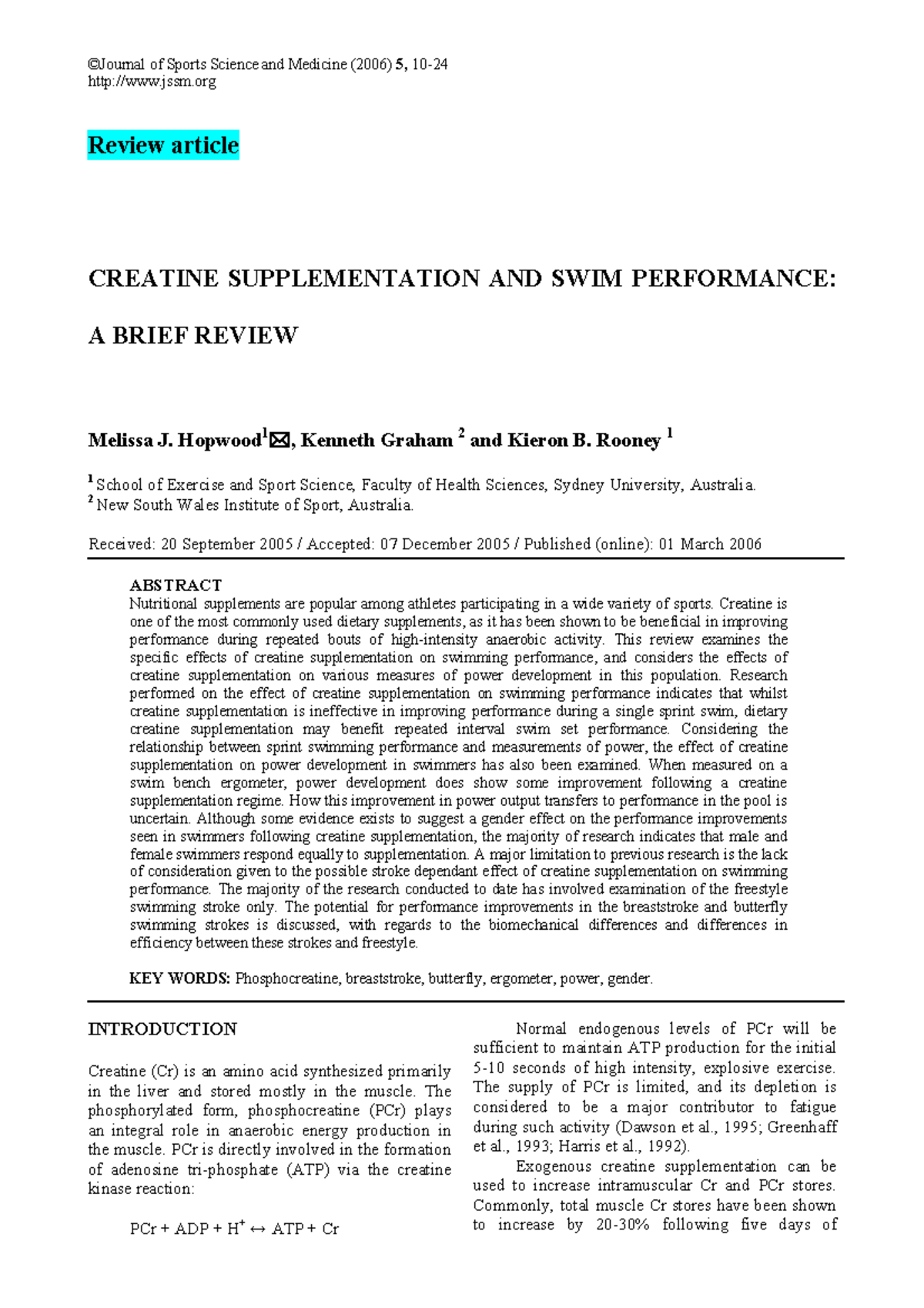 Creatine and swimmers - ©Journal of Sports Science and Medicine (2006