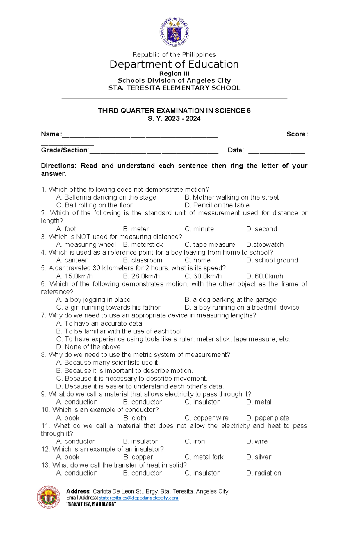 PT Science3RD Quarter20232024 Address Carlota De Leon St., Brgy