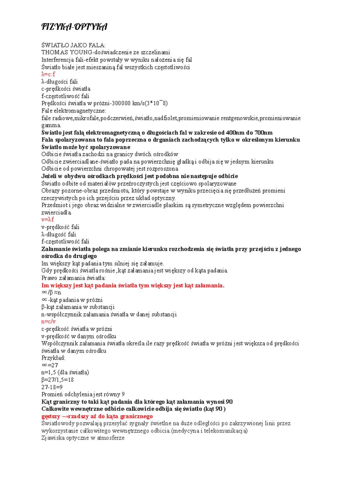 Fizyka Optyka - notatki do sprawdzianu z fizyki - FIZYKA-OPTYKA ŚWIATŁO