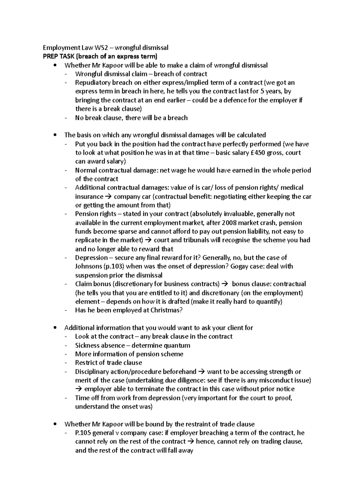 WS 2 - Wrongful Dismissal - Employment Law WS2 – wrongful dismissal ...