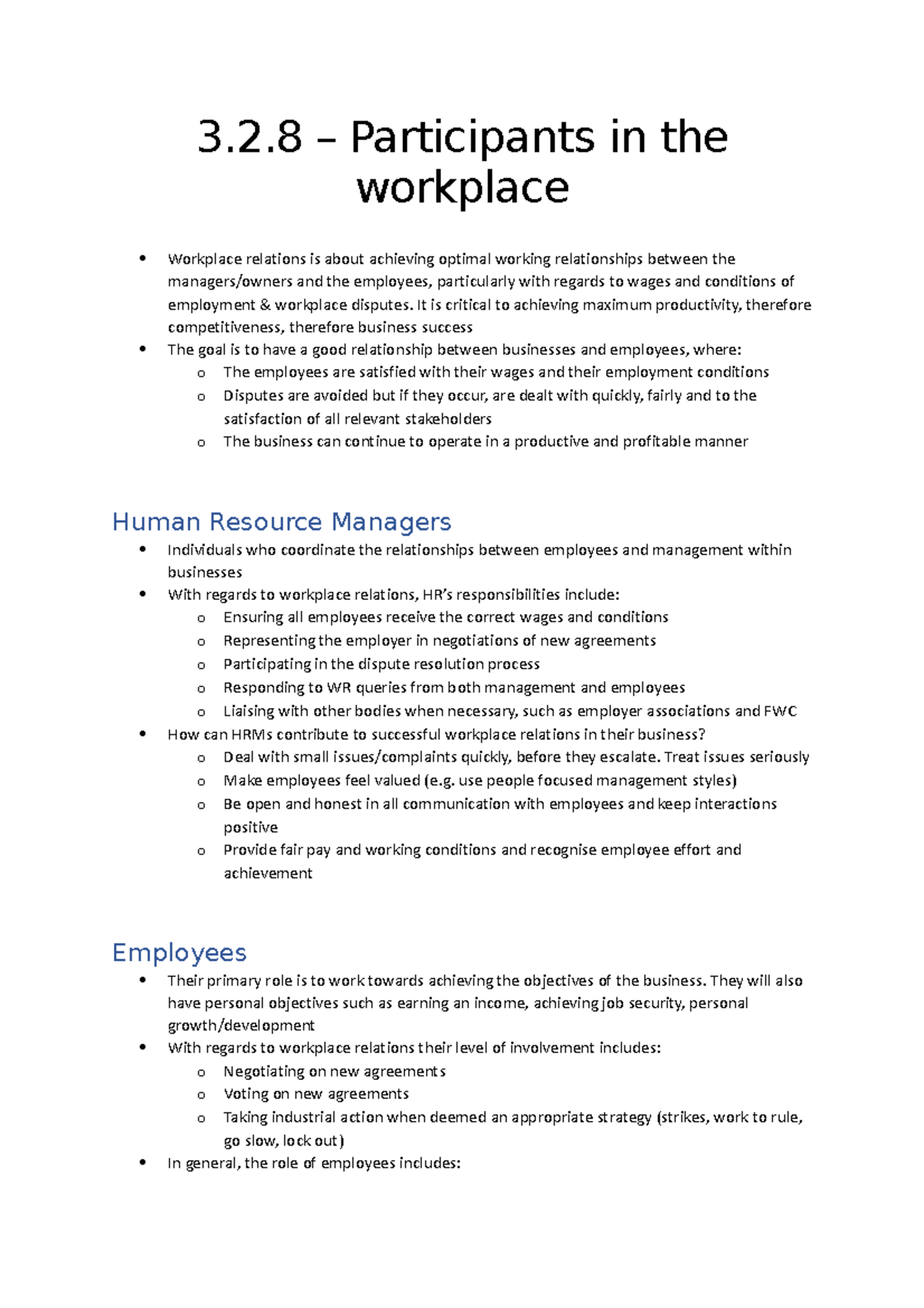 3.2.8 study notes - 3.2 – Participants in the workplace Workplace ...