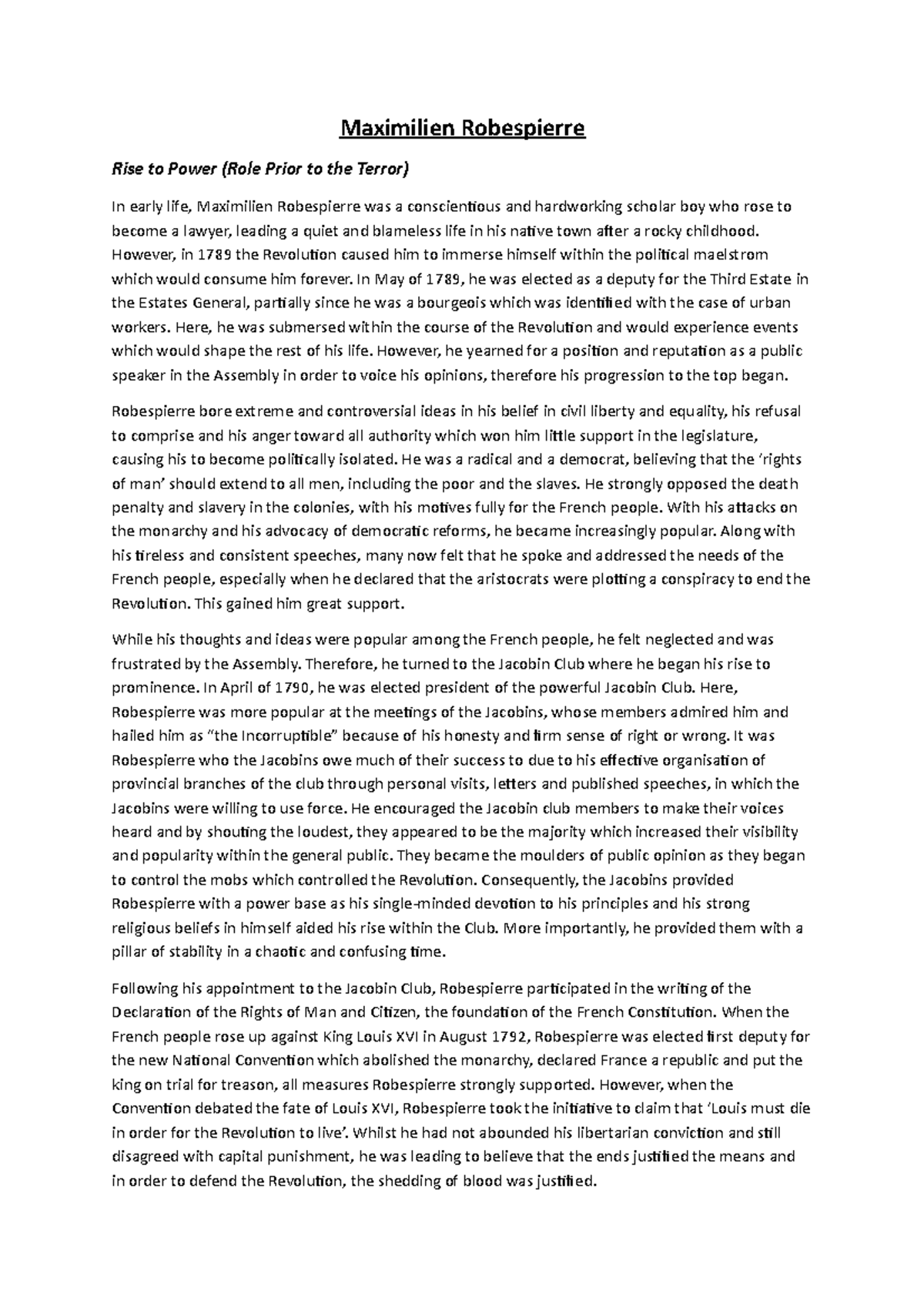 Maximilien Robespierre Notes Maximilien Robespierre Rise to Power