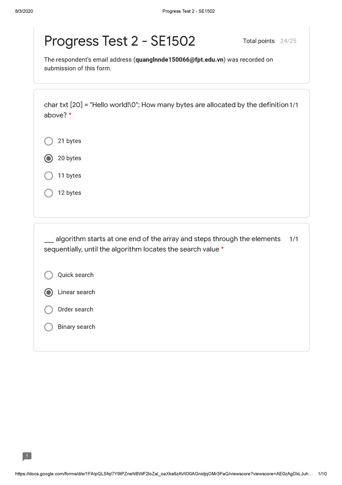 Progress Test 2 - SE1502 - 1/ 21 Bytes 20 Bytes 11 Bytes 12 Bytes 1 ...