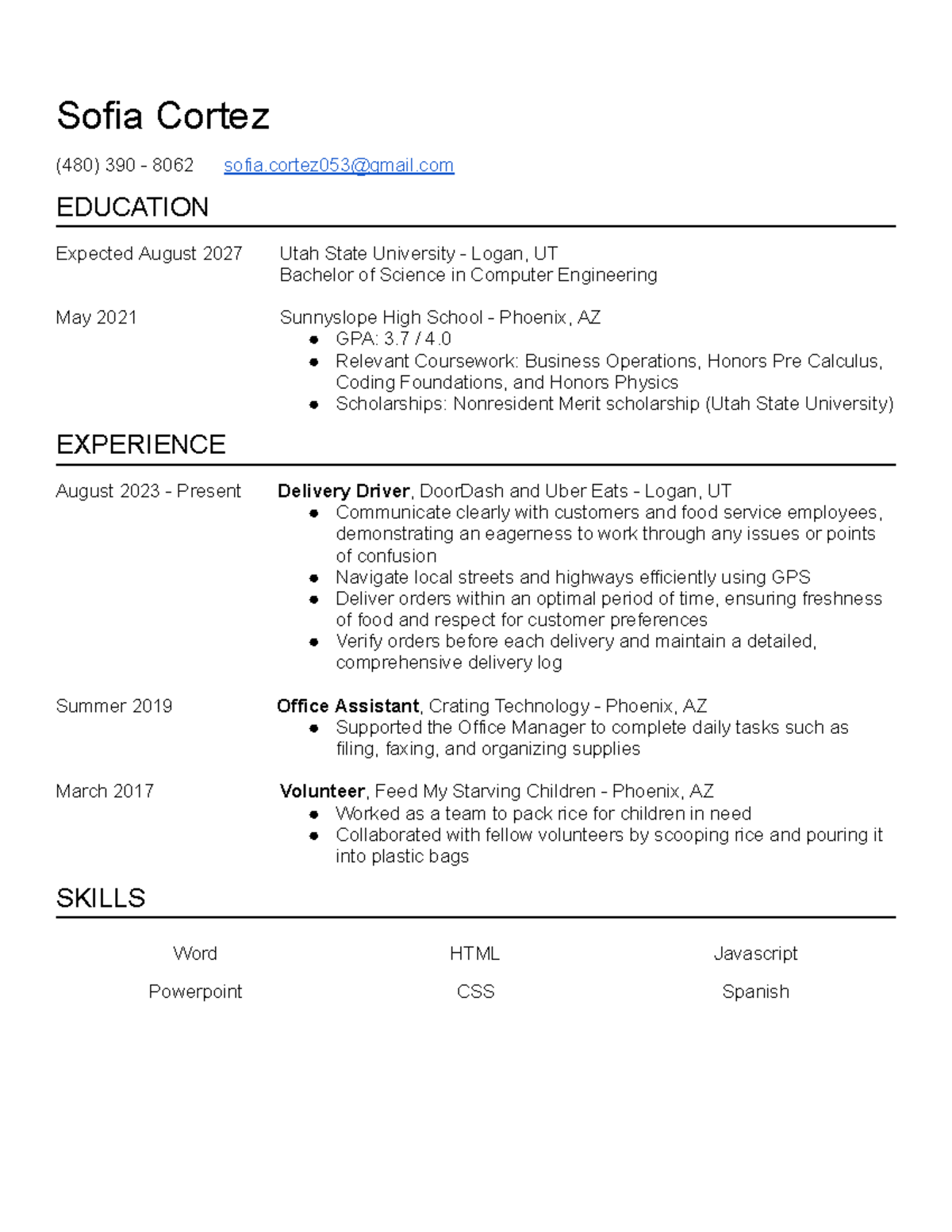 Engineering Resume - Sofia Cortez (480) 390 - 8062 sofia@gmail ...