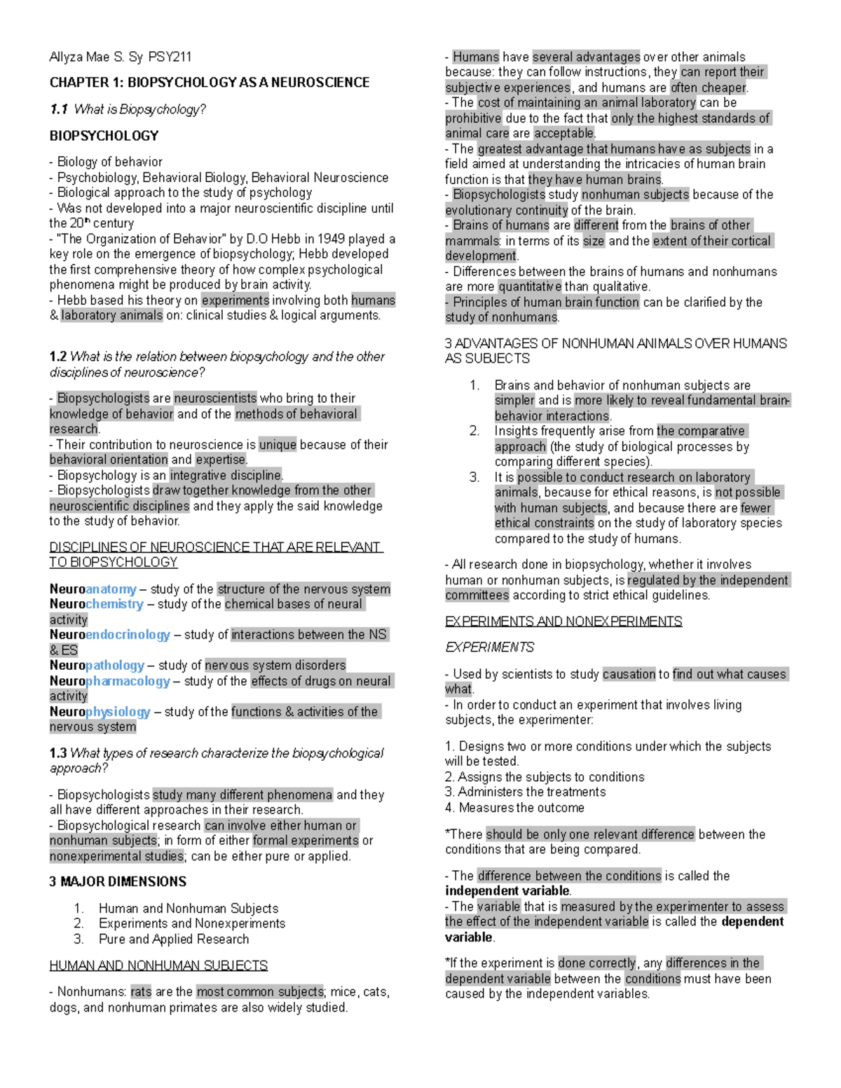 BIOPSYCHOLOGY BY J PINEL CHAPTER 1 SUMMARIZED NOTES Allyza Mae S Sy