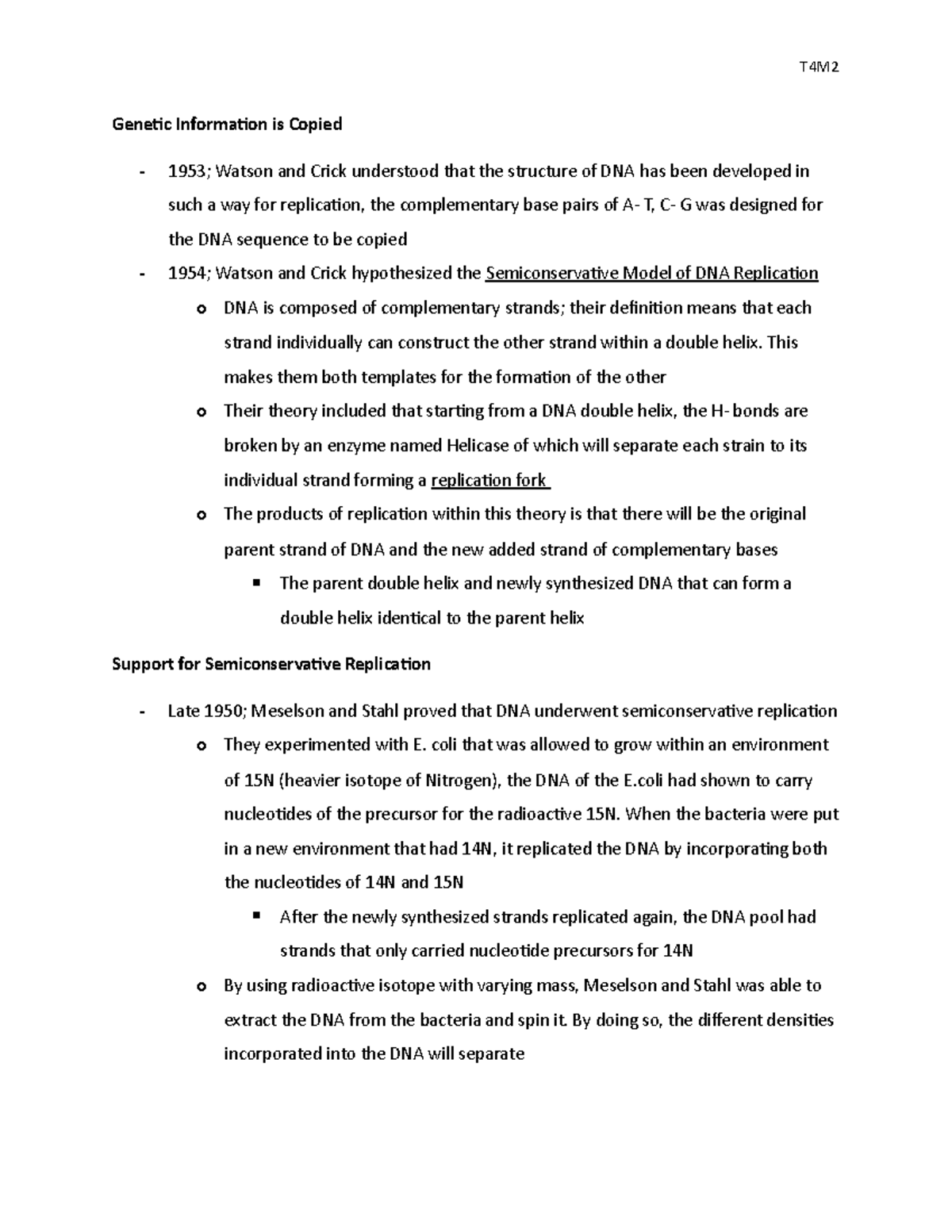 T4M2 - Lecture notes 2 - Genetic Information is Copied 1953; Watson and ...