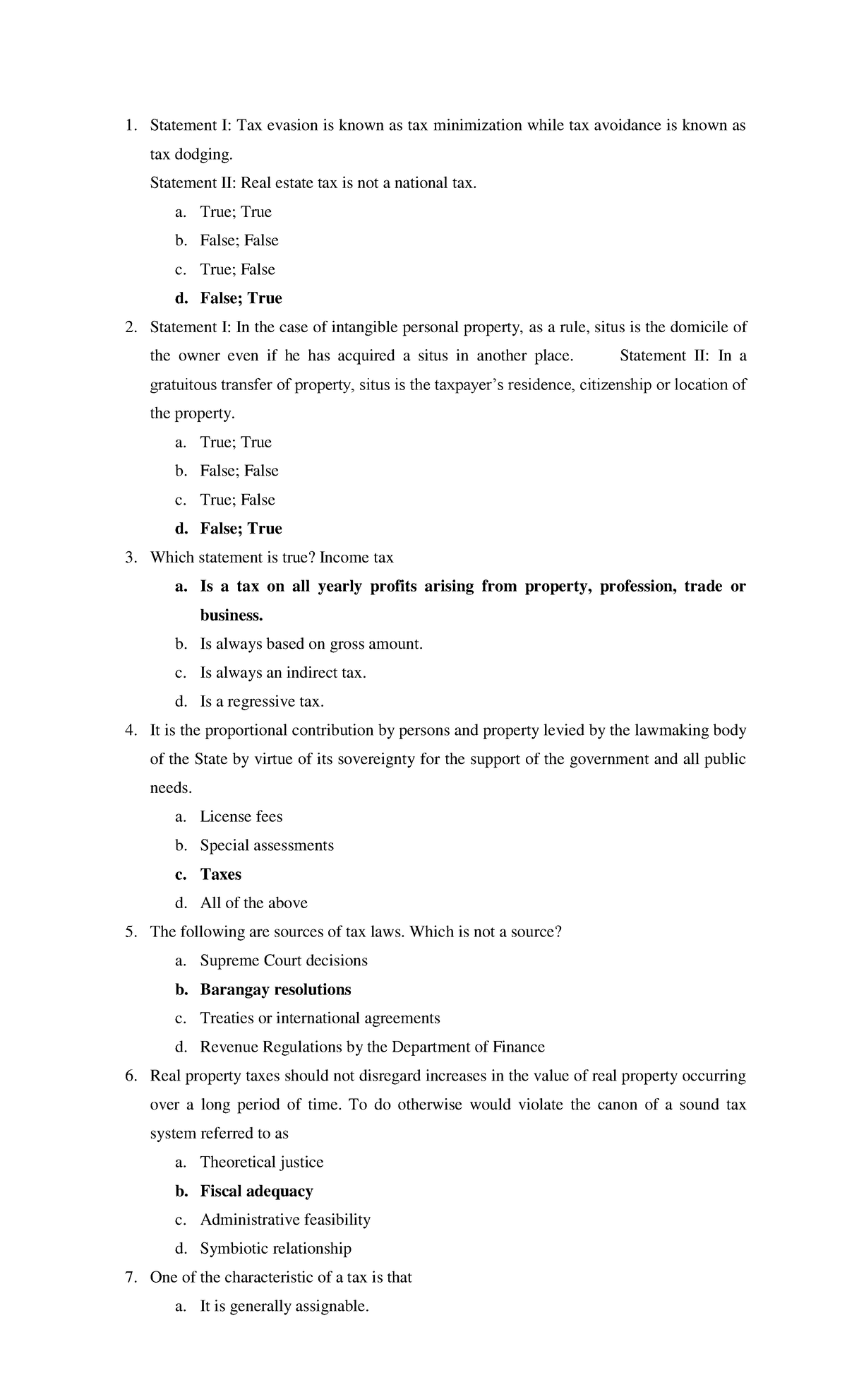 Quiz 24 August 2019, questions and answers - 1. Statement I: Tax ...