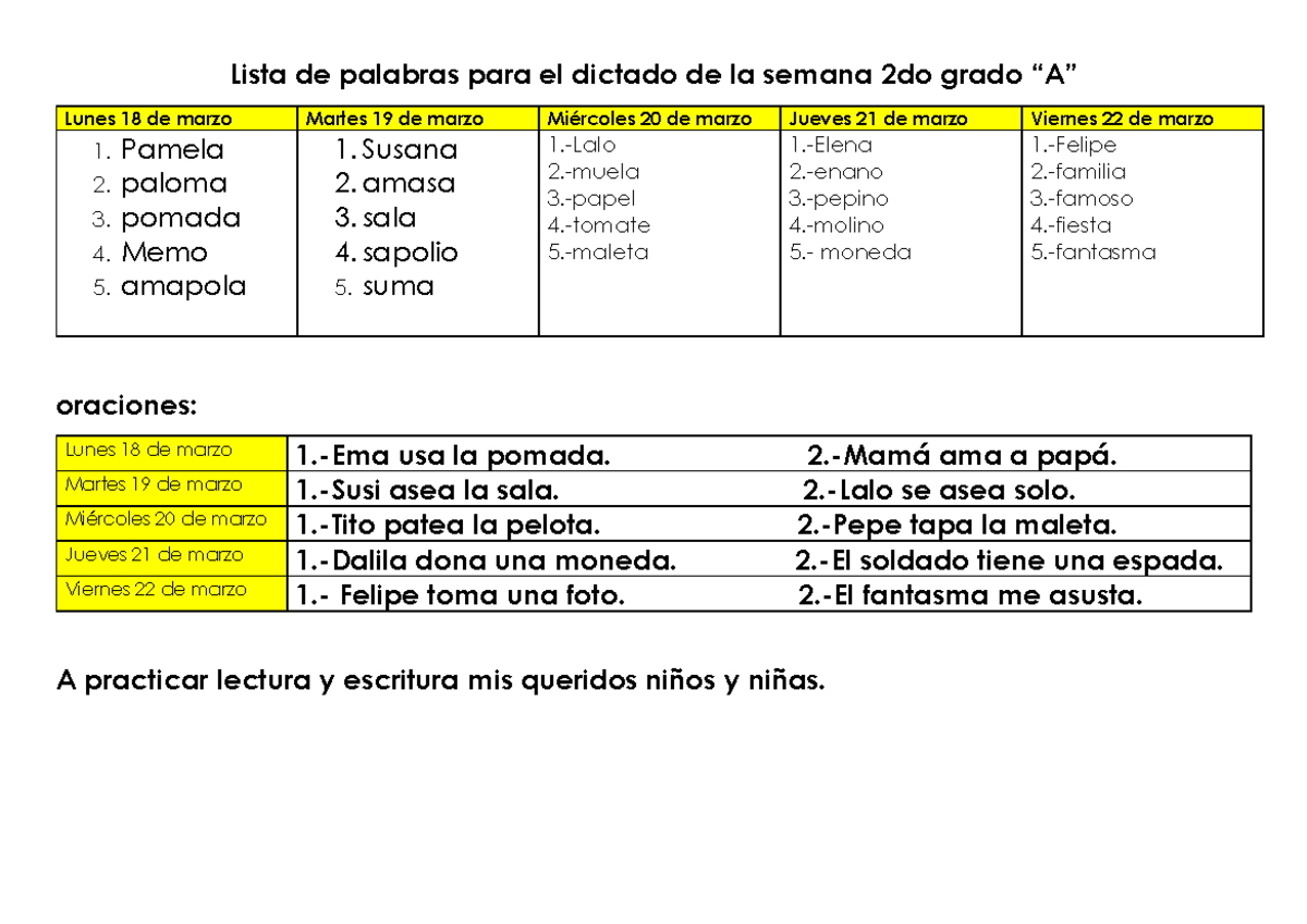 Lista de palabras para el dictado de la semana 2do grado - Pamela 2