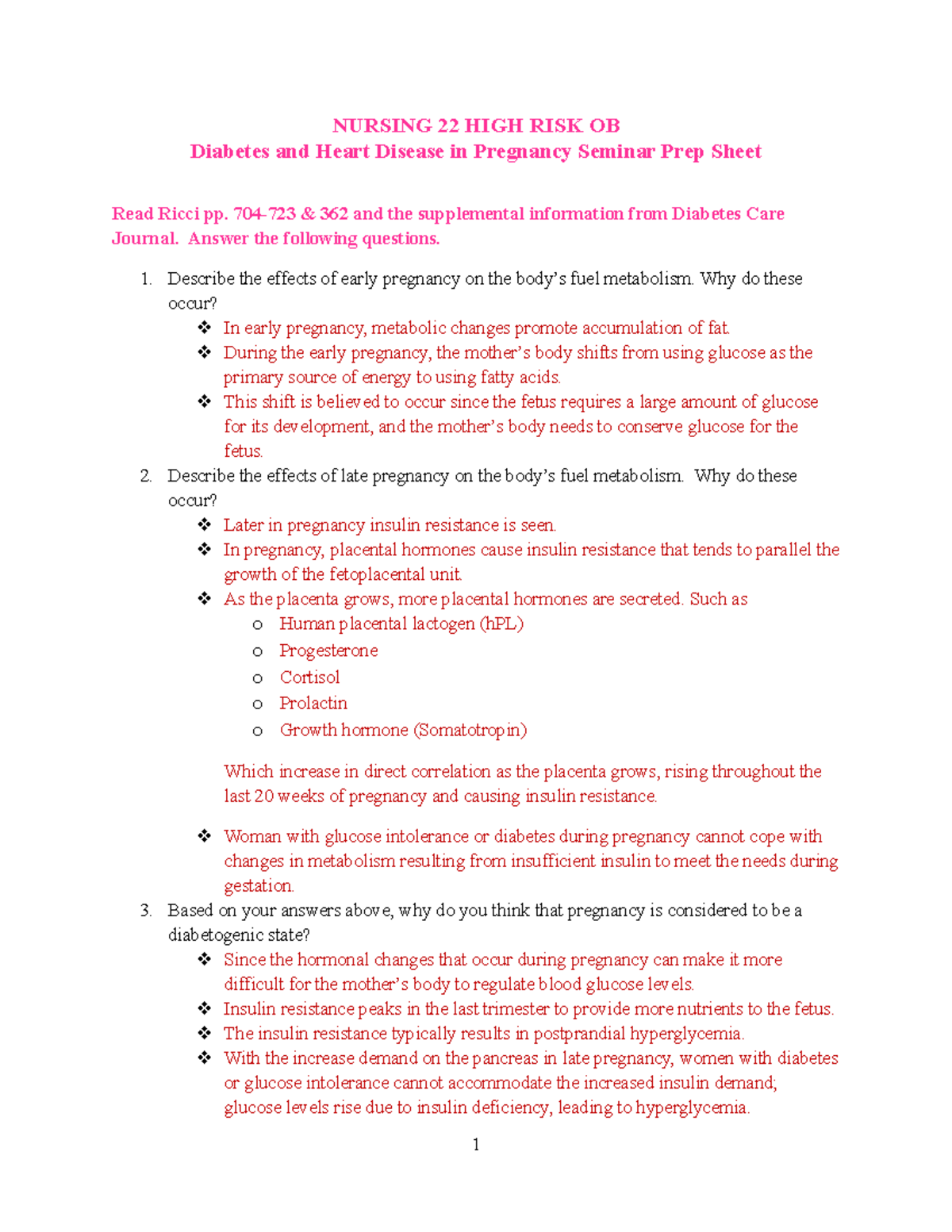 Seminar Prep Sheet Sp 2023 student - NURSING 22 HIGH RISK OB Diabetes ...