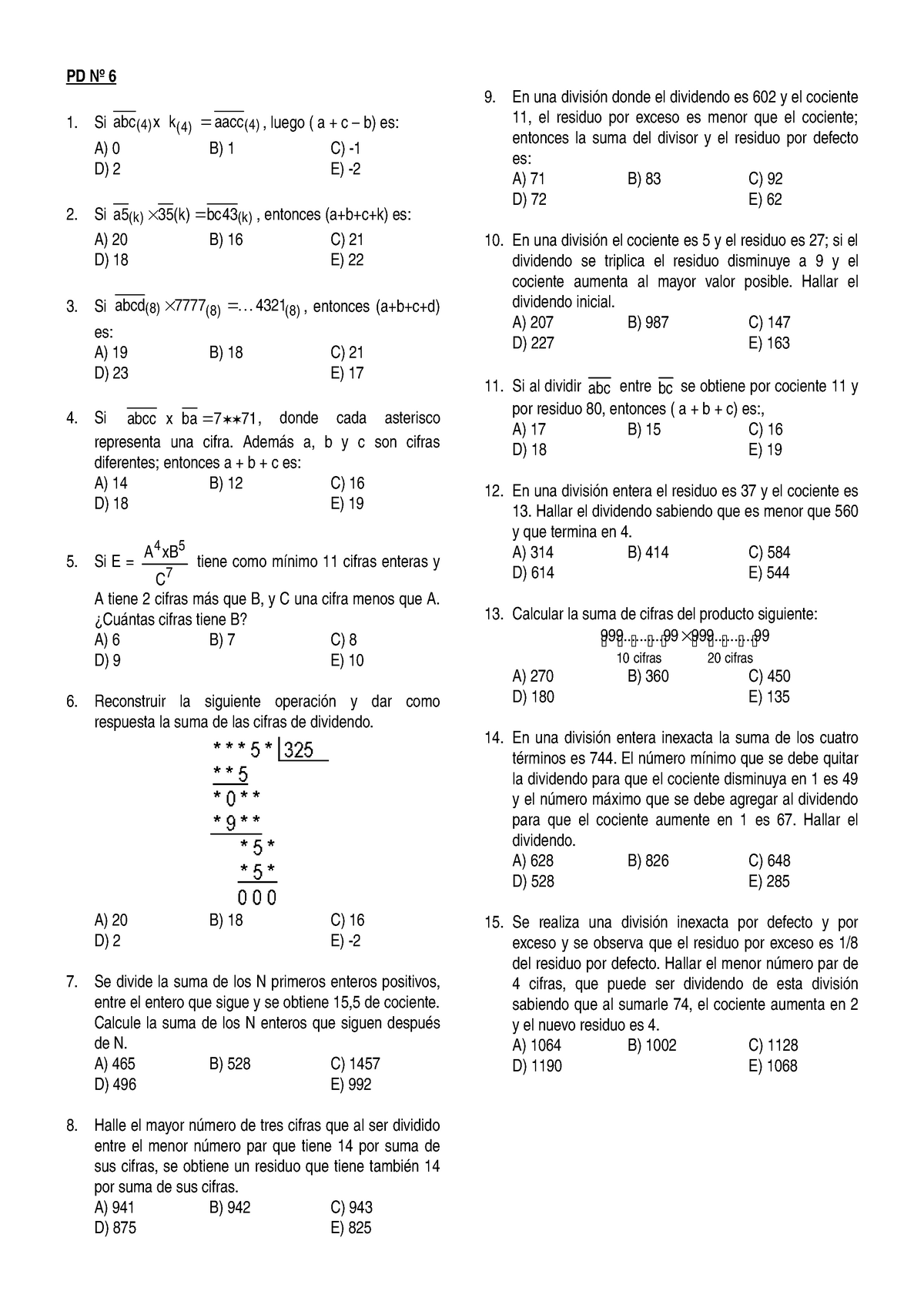 Aritmetica Pd Nº 06 Repaso Sm Multiplicacion Division Pd 6 1 Si Abc 4 X K 4 cc 4 Studocu