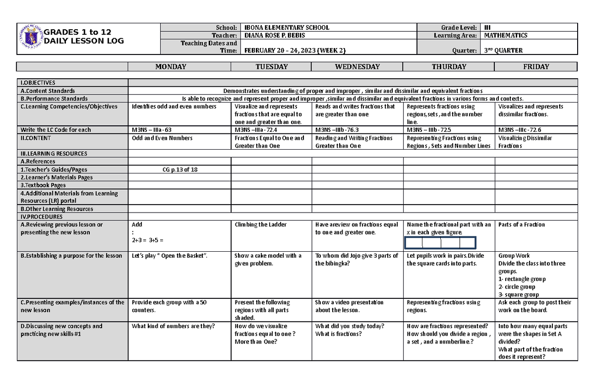 DLL Mathematics 3 Q3 W2 - GRADES 1 to 12 DAILY LESSON LOG School: IBONA ...