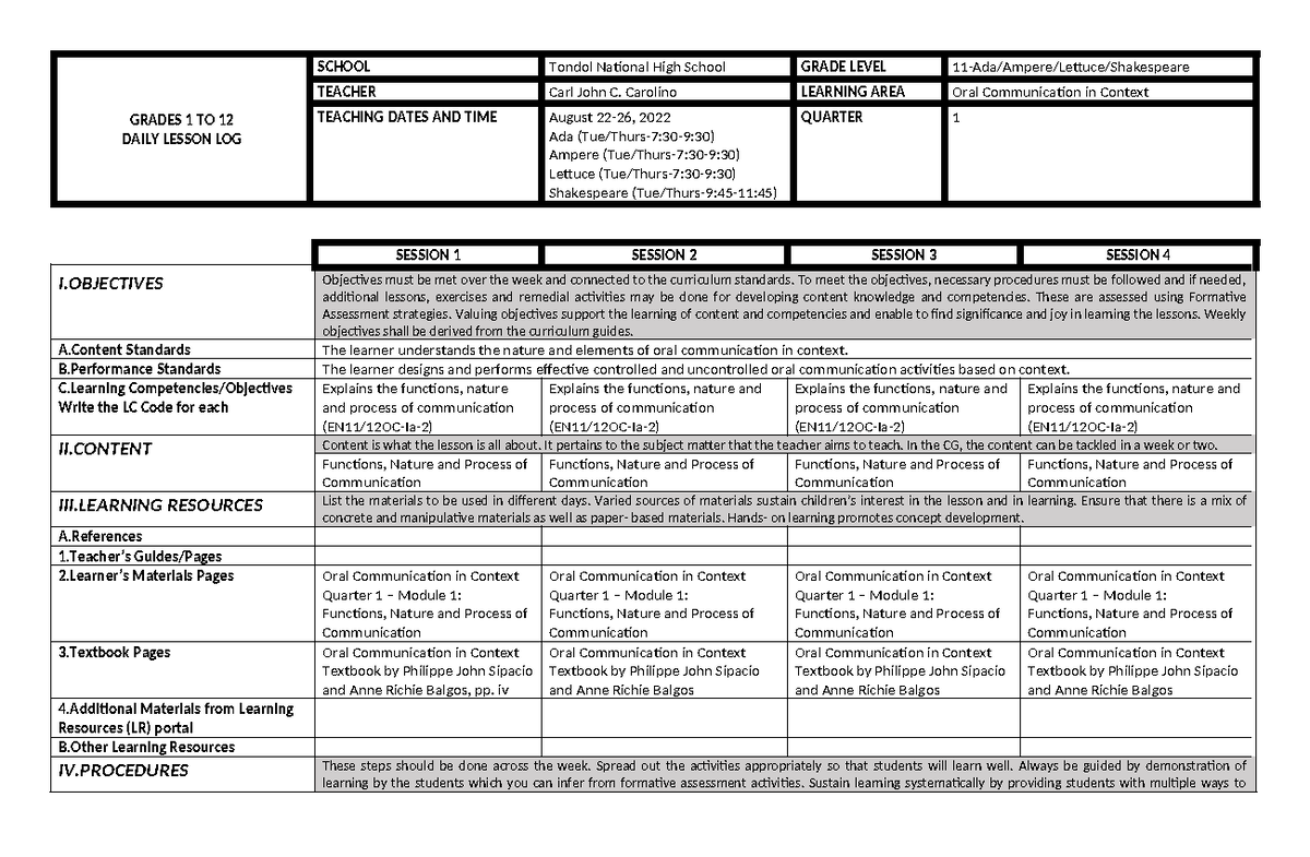 OC Q1 W1 - sdfasdfasdfa - GRADES 1 TO 12 DAILY LESSON LOG SCHOOL Tondol ...