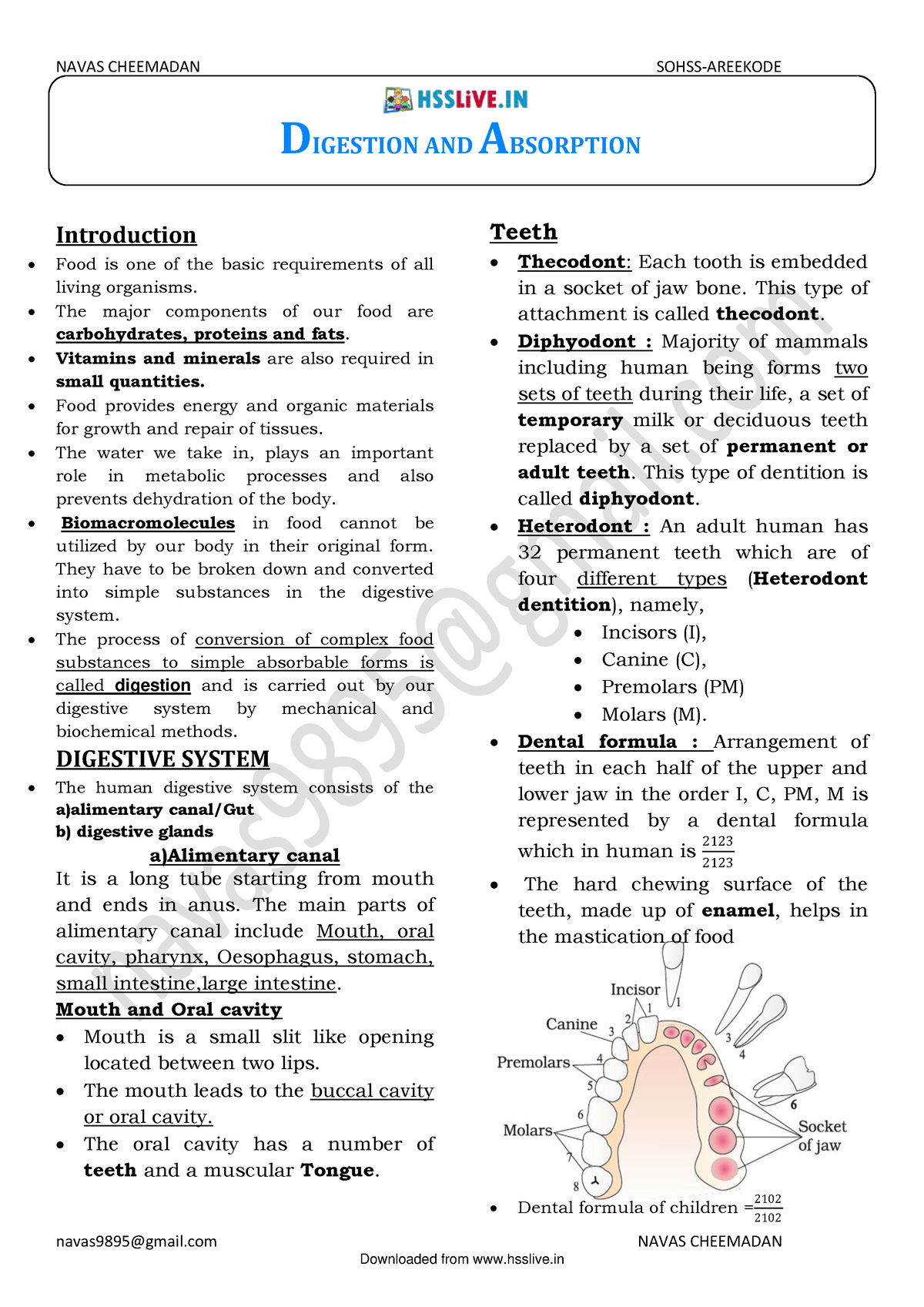 Digestion - Notes - Navas9895@gmail NAVAS CHEEMADAN DIGESTION AND ...