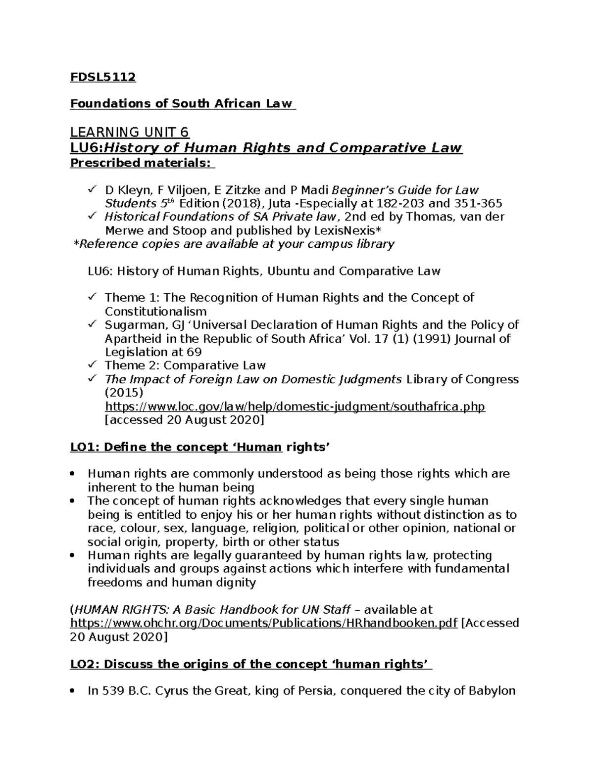 Learning UNIT 6 Foundations Of The South African Law (FDSL5112