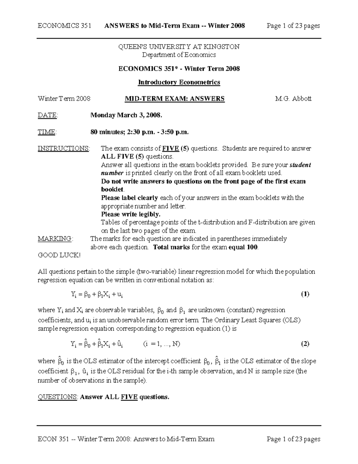 Exam 3 march 2008, questions and answers - mid-term - ECONOMICS 351 ...