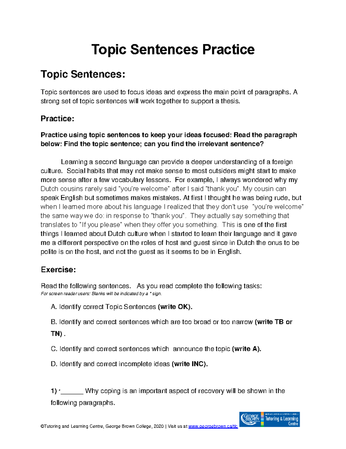 Topic Sentences-Practice - Topic Sentences Practice Topic Sentences ...