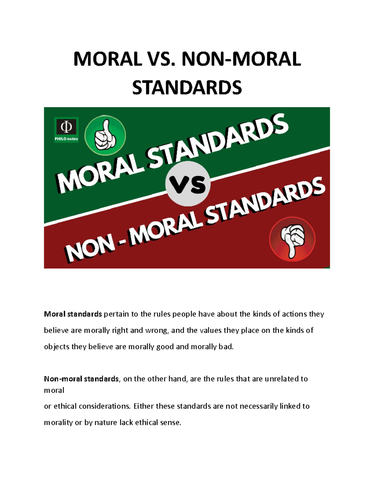 Moral VS NON- Moral Standards - MORAL VS. NON-MORAL STANDARDS Moral