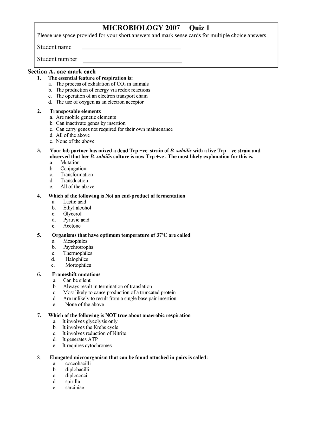 Quiz 1 Example Questions - MICROBIOLOGY 2007 Quiz 1 Please use space ...