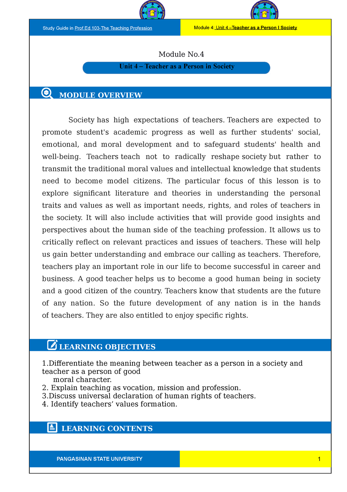 Module 4 The Teaching Profession - Module No. MODULE OVERVIEW Society ...