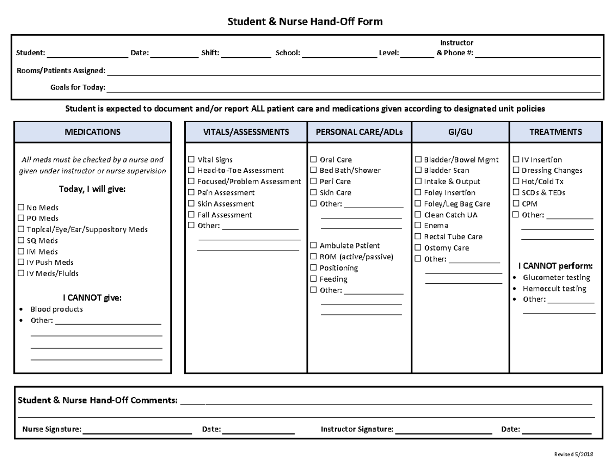 Student Nurse Handoff Form revised 5 2018 - Revised 5/ Student & Nurse ...