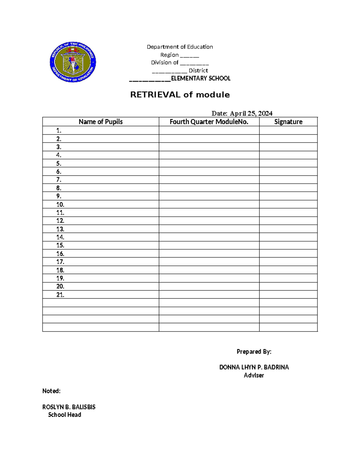 Module form attendance - Department of Education Region ______ Division ...