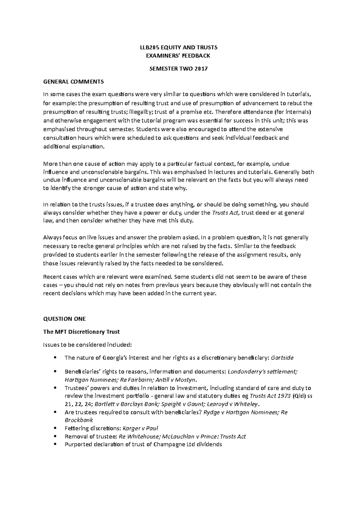 FINAL EXAM FEEDBACK 2017 - LLB205 EQUITY AND TRUSTS EXAMINERS’ FEEDBACK ...