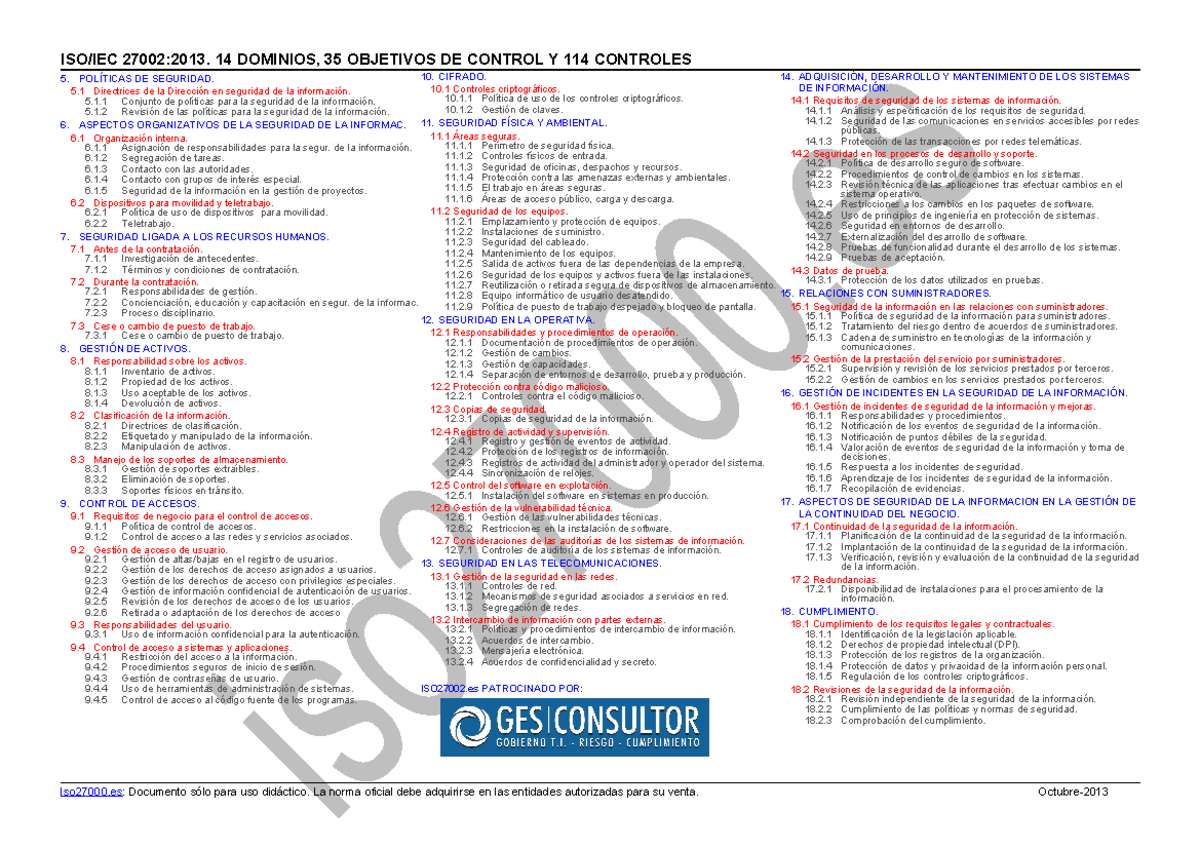Norma ISO-IEC. 27002-2013 Controles - ISO/IEC 27002:2013. 14 DOMINIOS ...