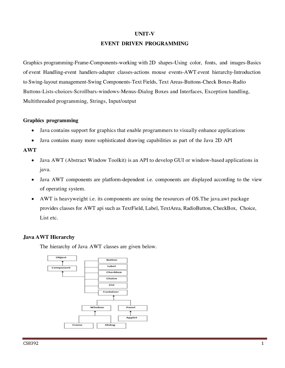 Unit5 - nil - UNIT-V EVENT DRIVEN PROGRAMMING Graphics programming ...