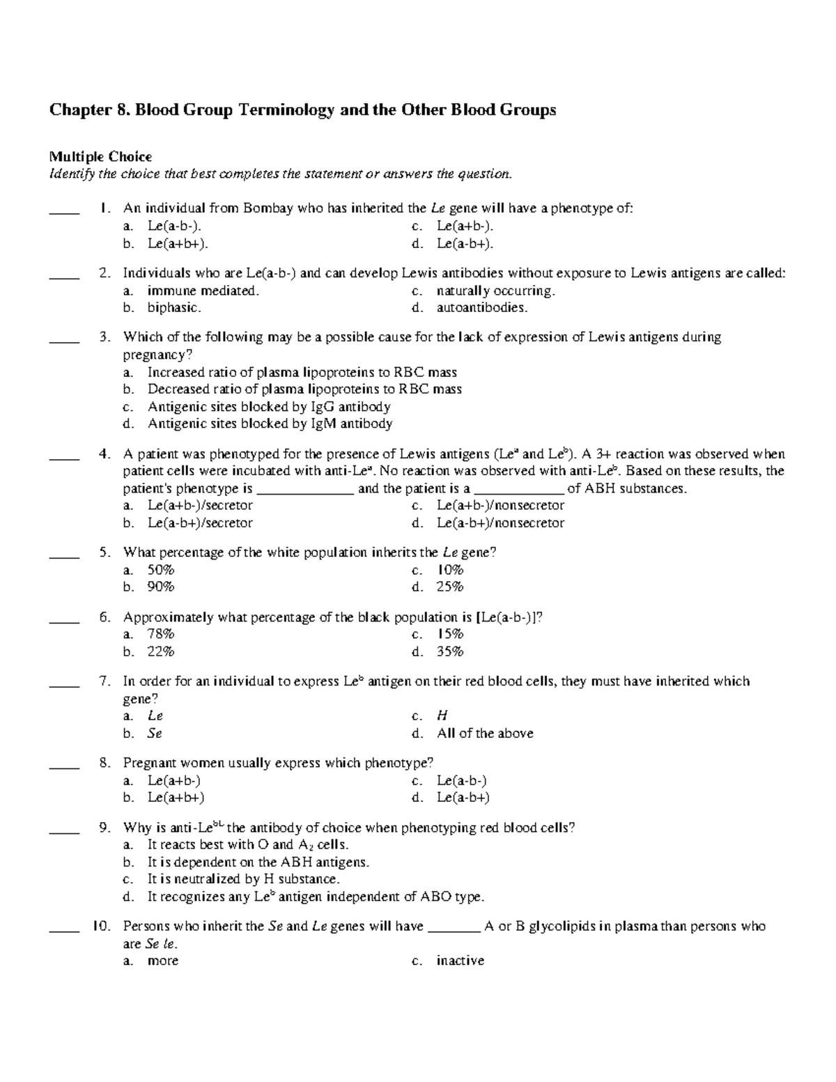 Ch08: Test bank for Modern Blood Banking and Transfusion Practices by ...