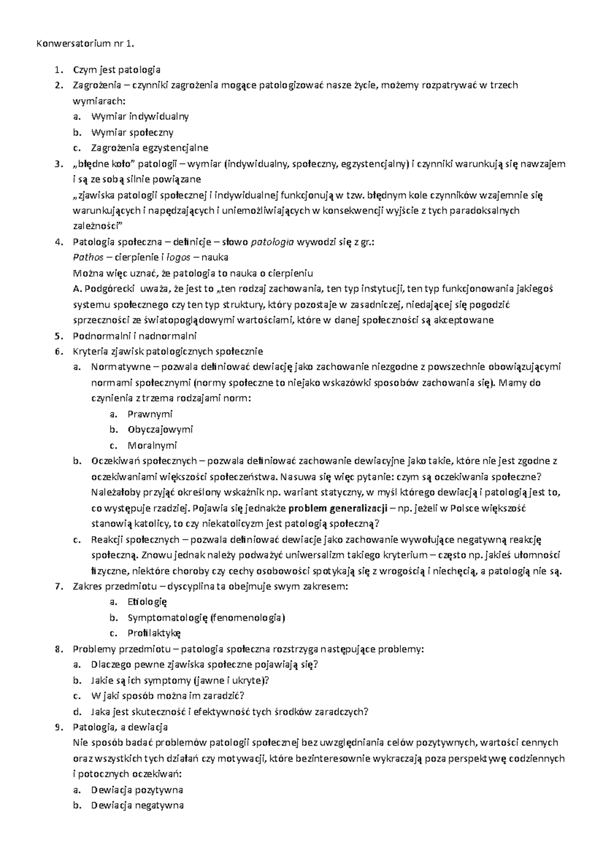 Patologie społeczne zaliczenie ćwiczenia UAM - Konwersatorium nr 1