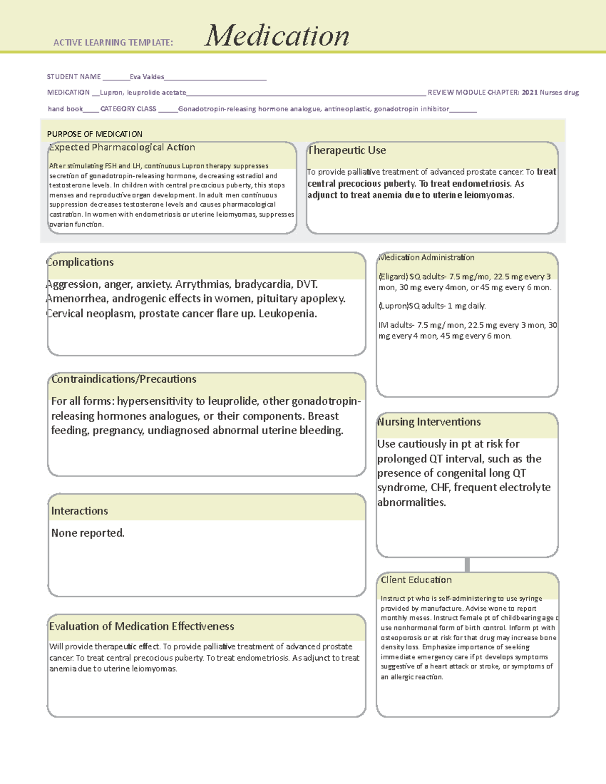 Active learning temp lupron - STUDENT NAME Eva Valdes ...