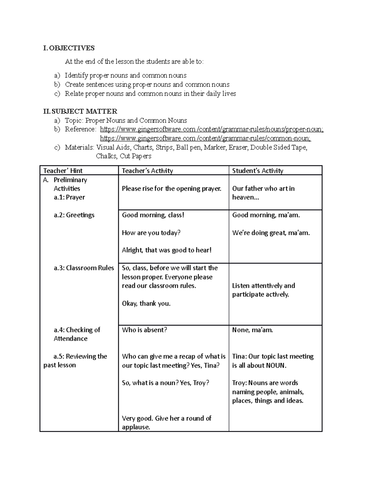 Draft Lesson PLAN gagiii true - I. OBJECTIVES At the end of the lesson ...