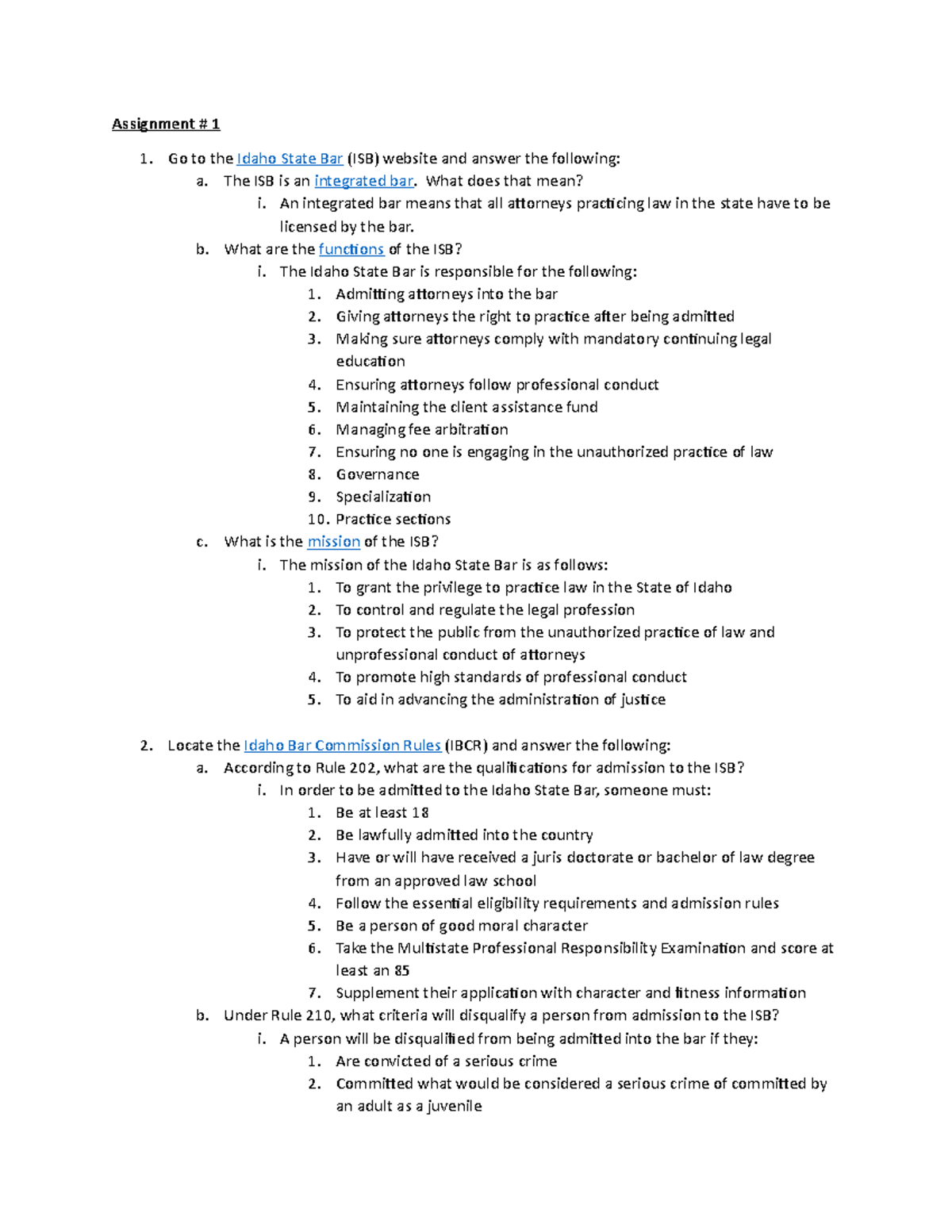 Assignment 1 Idaho State Bar Questions Assignment 1 Go to the