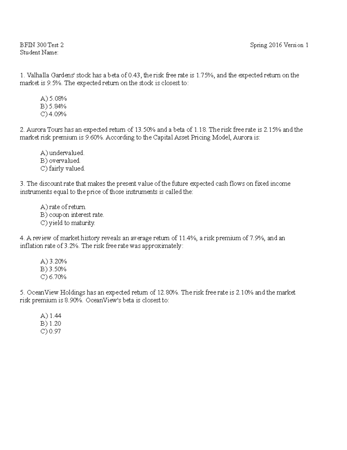 BFIN 300 SP16 Test 2 V1 - Practice Problems - BFIN 300 Test 2 Student ...