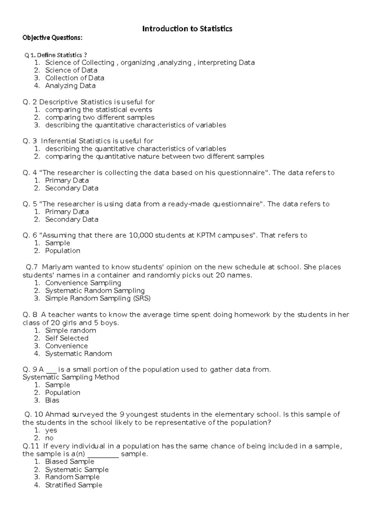 Introduction to Statistics-objective questions - Define Statistics? 1 ...