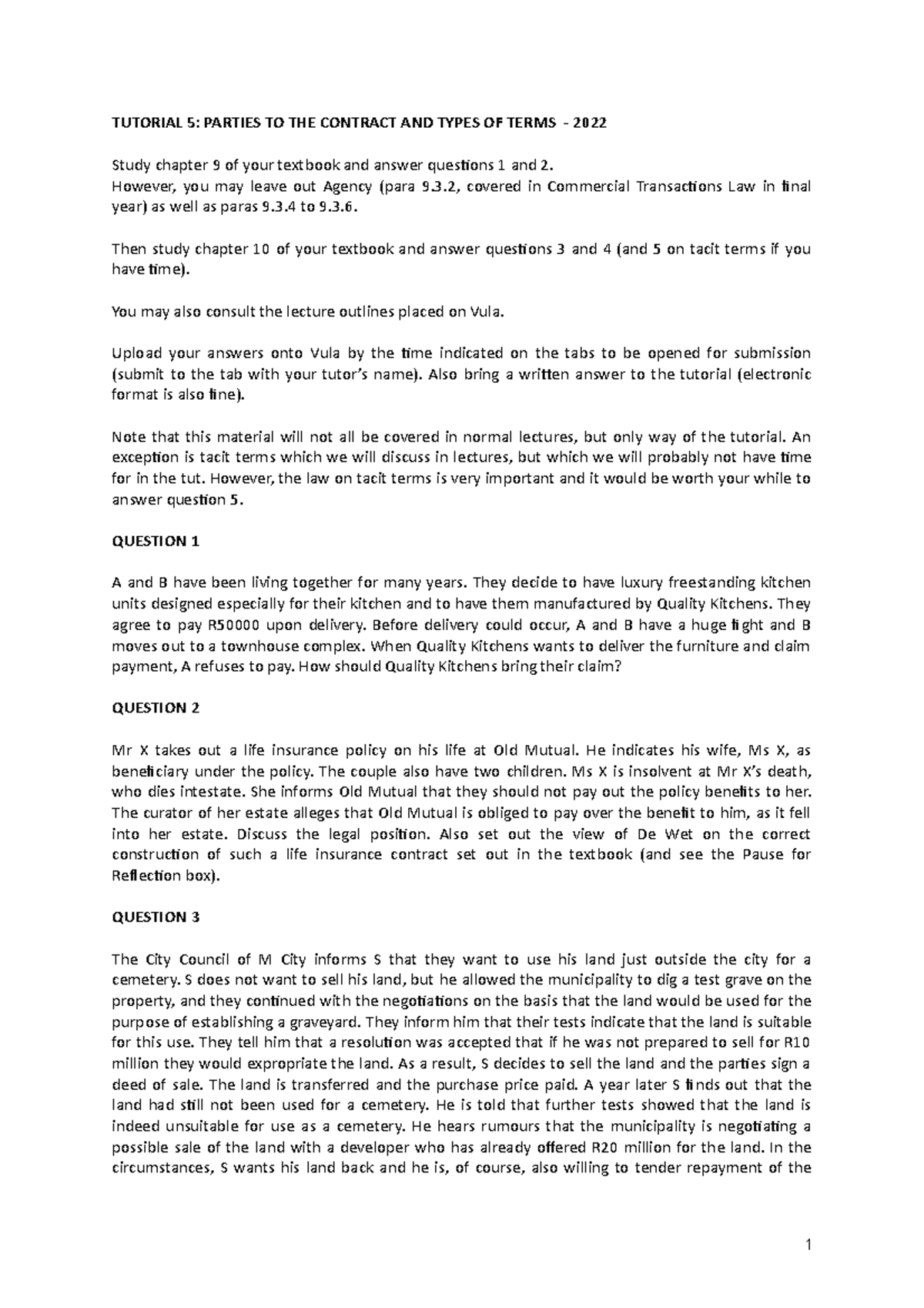 Tut 5 parties types of terms 2022 TUTORIAL 5 PARTIES TO THE CONTRACT