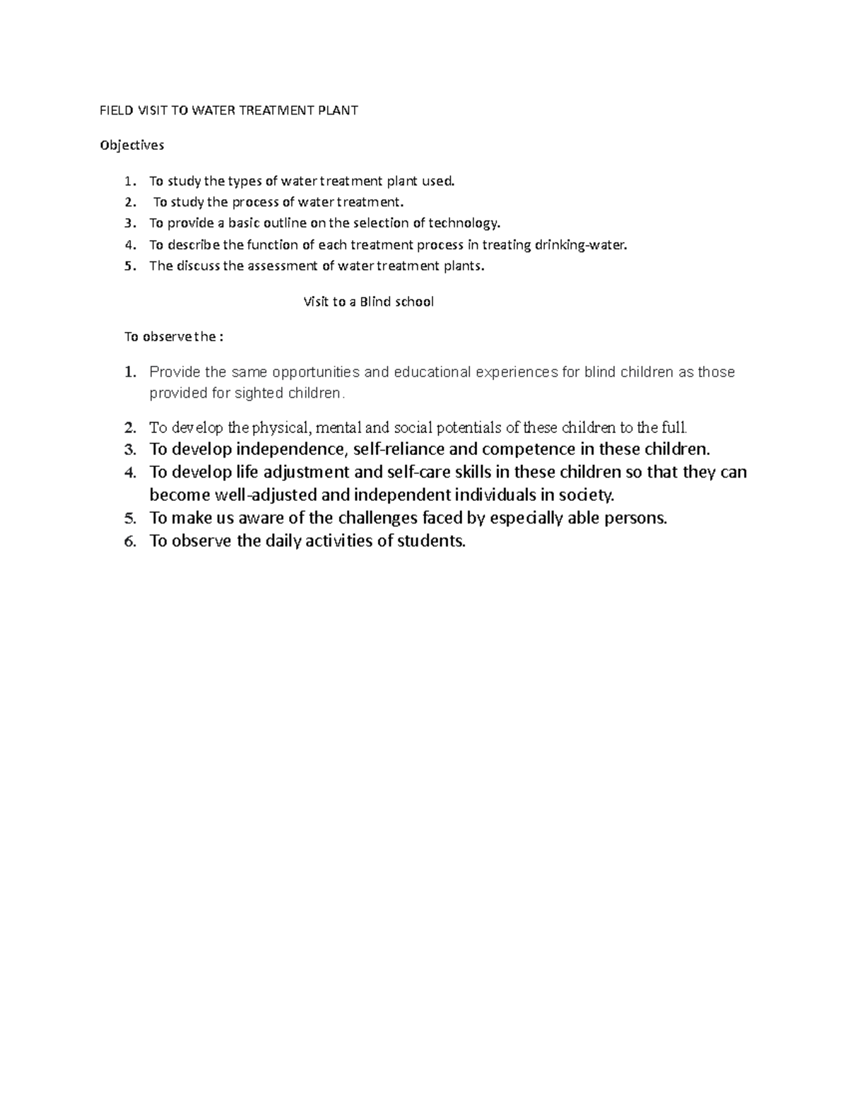 Objectives of water plant FIELD VISIT TO WATER TREATMENT PLANT