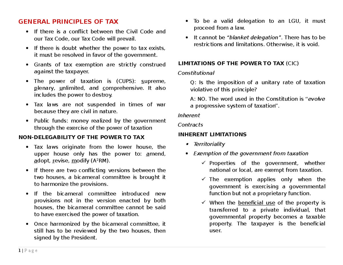 Lecture-Notes on Taxation Law - GENERAL PRINCIPLES OF TAX If there is a ...