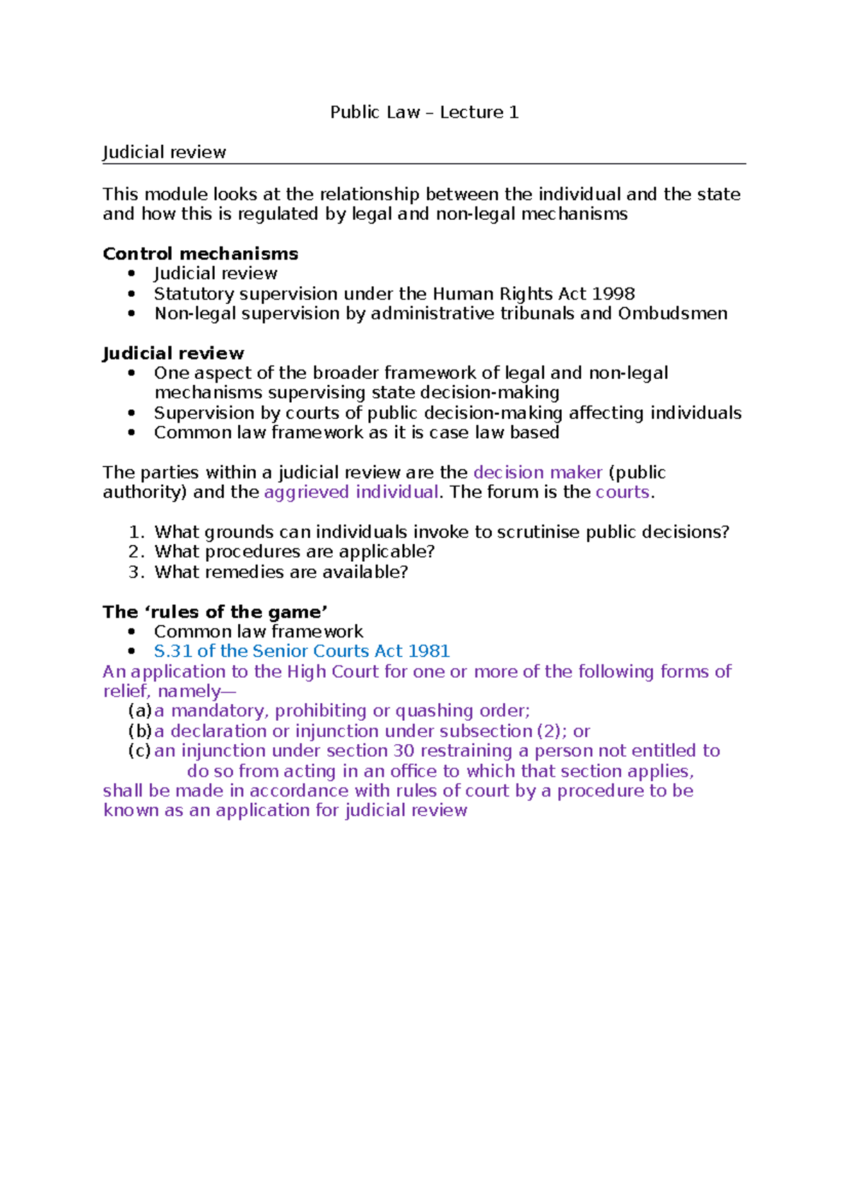 Public law 2 lecture 1 - Public Law – Lecture 1 Judicial review This ...