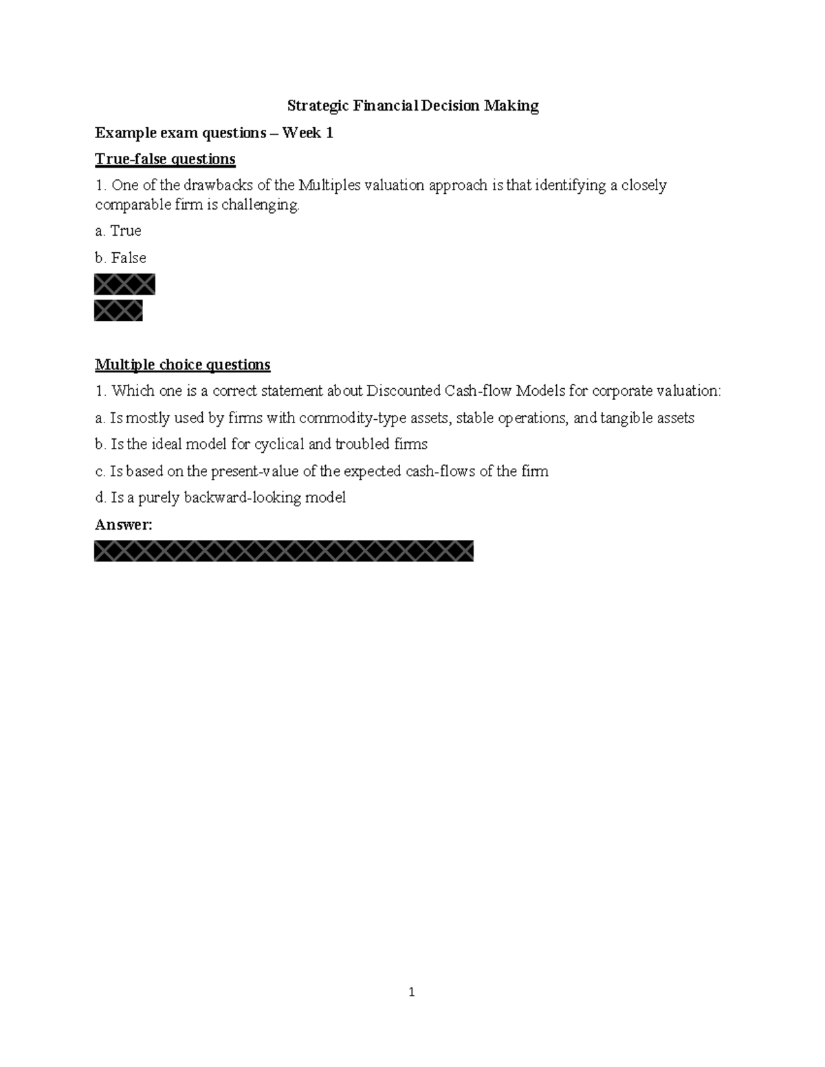 Example exam questions - Week 1 - 1 Strategic Financial Decision Making ...